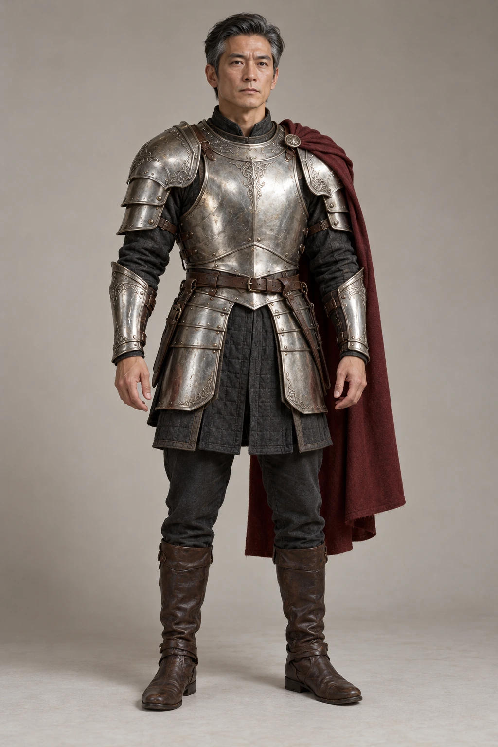Fictional knight with silver armor, a burgundy cape and a clear clean-shaven face