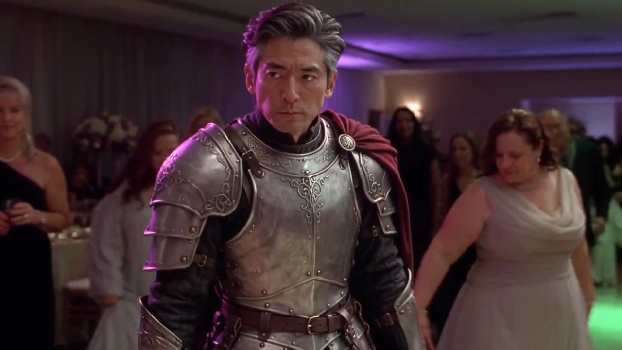 The same knight chewing bread and looking toward the camera in the Clico video