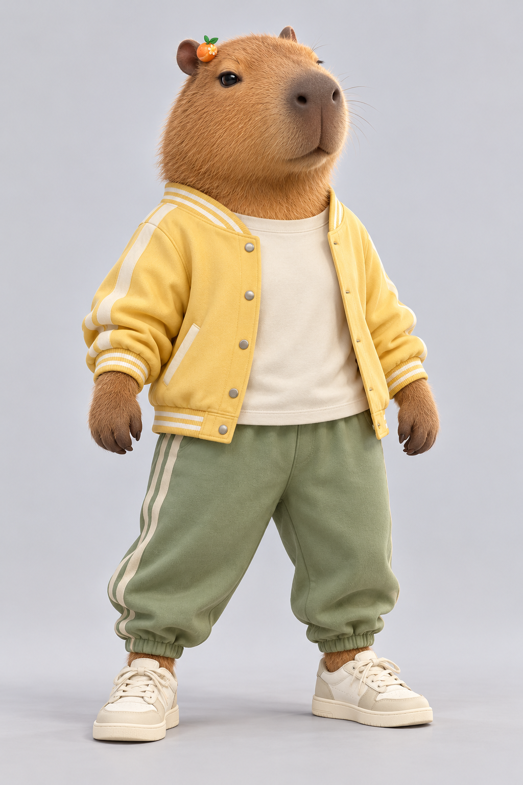 AI-created capybara wearing a yellow jacket, green trousers and a small orange hair clip