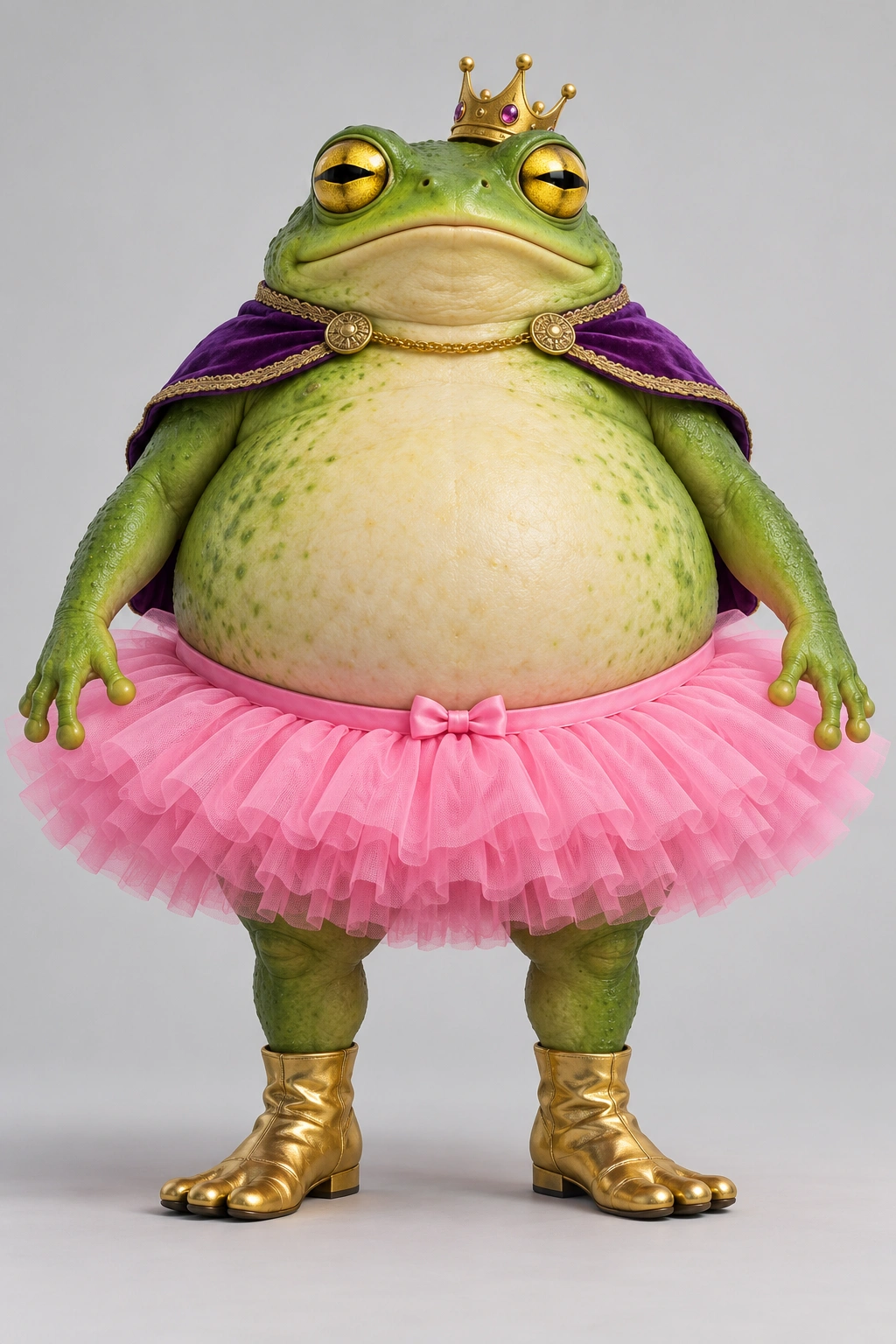 Fictional round frog king with a crown, pink tutu, purple cape and golden boots