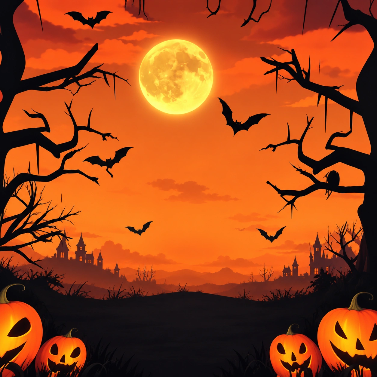 Included orange-moon Halloween scene with bats, bare trees and glowing pumpkins