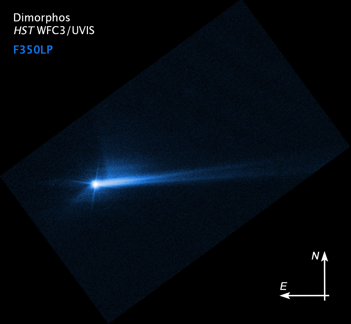 Hubble image of debris streaming away from Dimorphos after the DART impact.