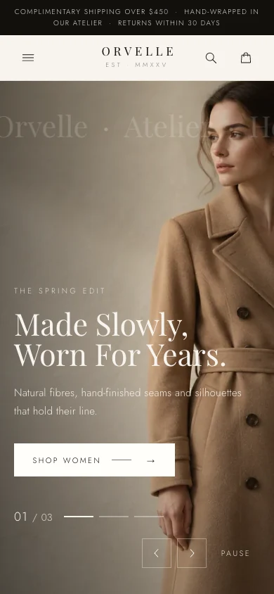ORVELLE fashion storefront homepage