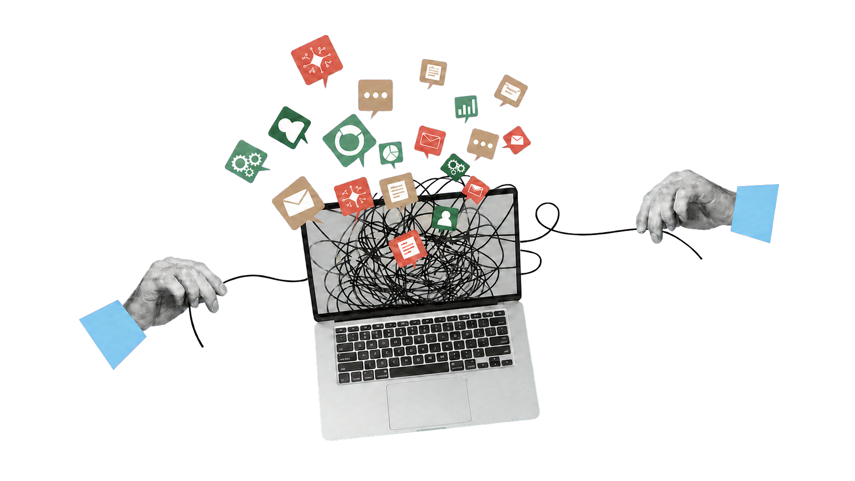 A tilted laptop tangled in app activity while two hands pull the surrounding lines apart.