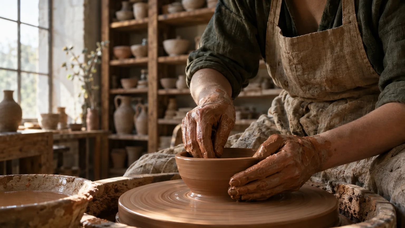 Image created in Clico of clay covered hands shaping a bowl in a sunlit ceramic studio