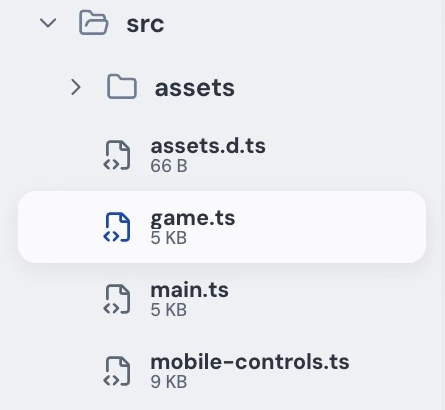 Actual Clico Game source tree with game.ts selected and mobile-controls.ts visible