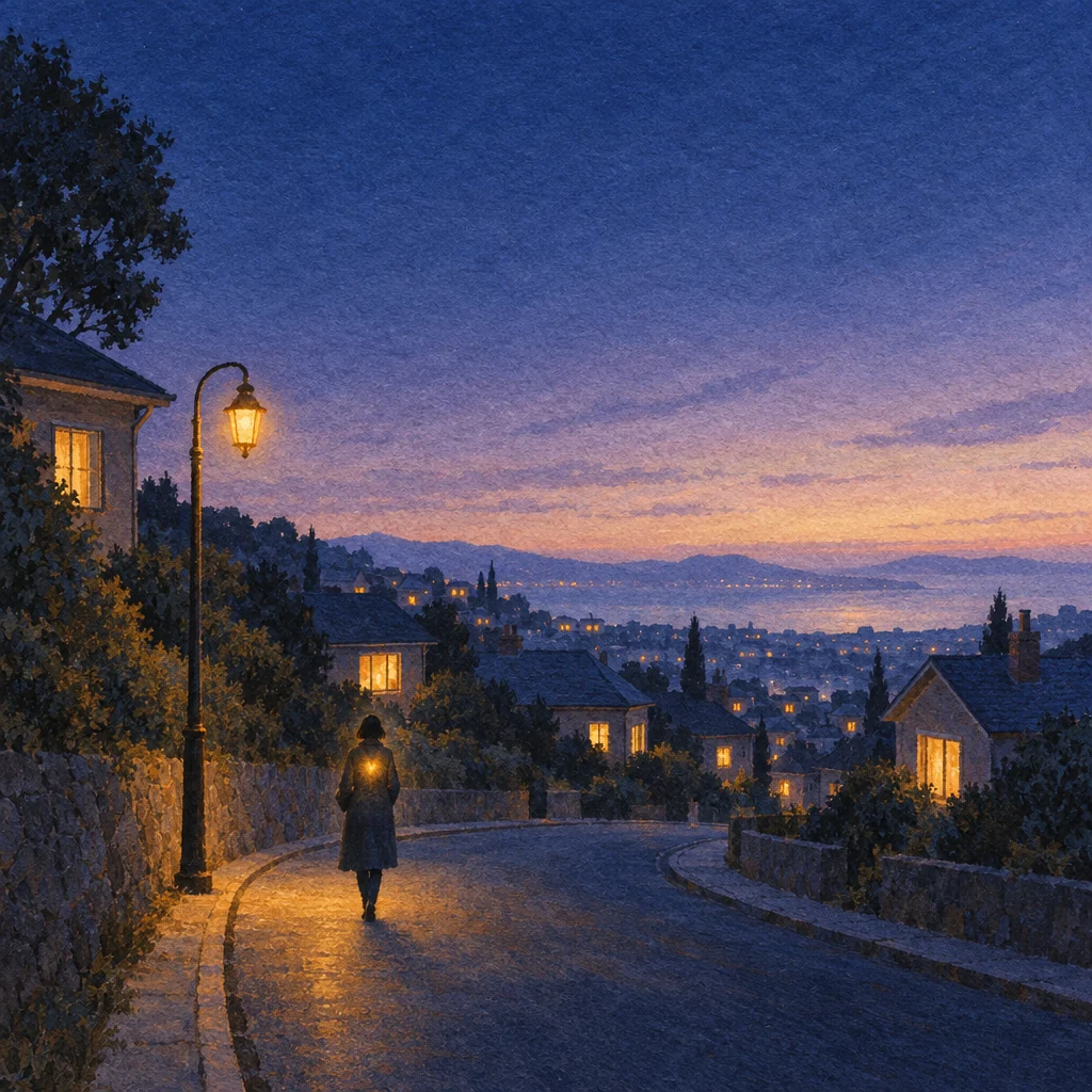 Clico song cover showing a solitary walker on a winding street at blue dusk with amber windows and a streetlamp