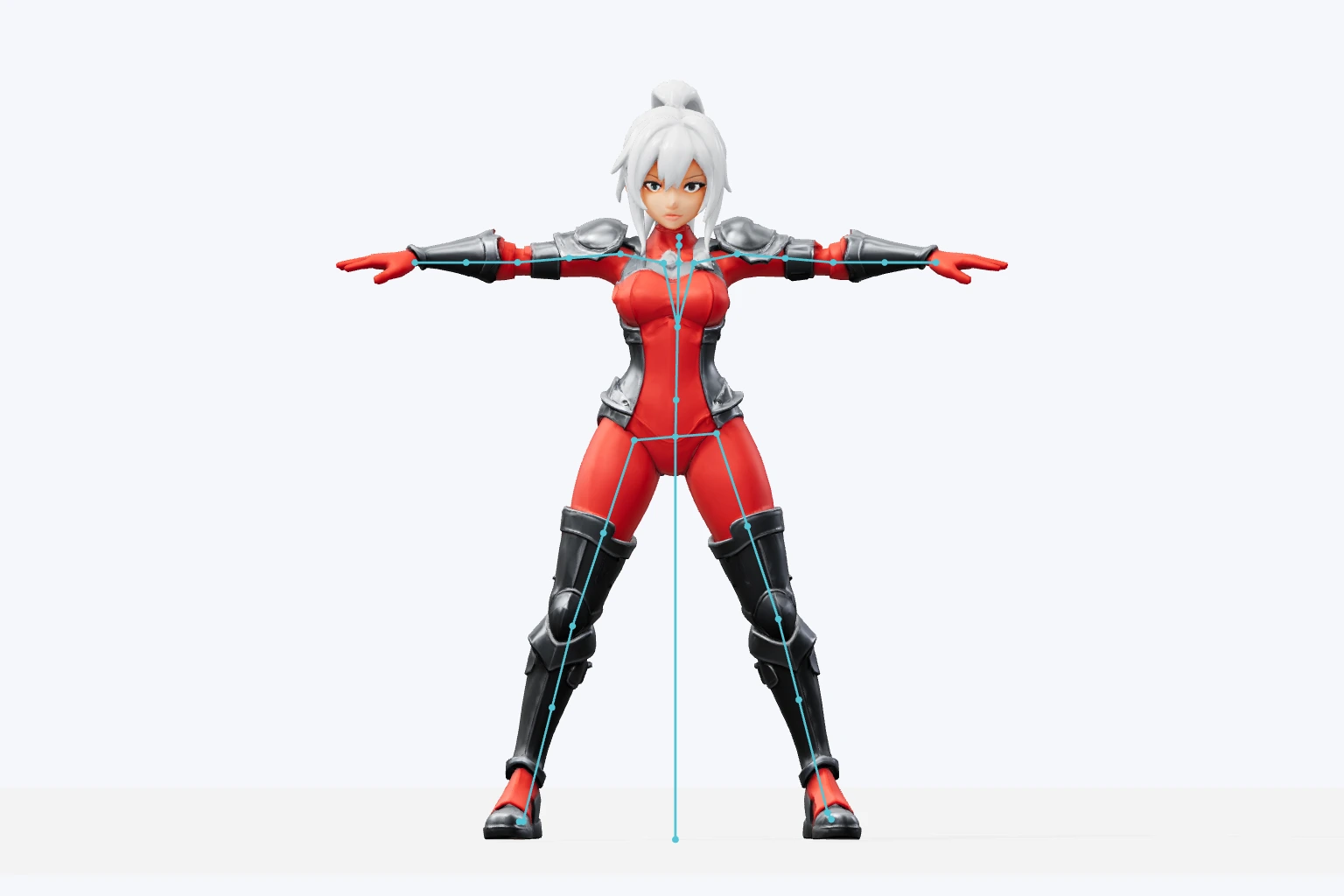 Actual red character with its embedded 41 joint humanoid rig visualized in cyan