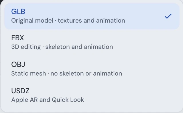 Actual Clico model export menu showing GLB, FBX, OBJ and USDZ with each format’s supported contents
