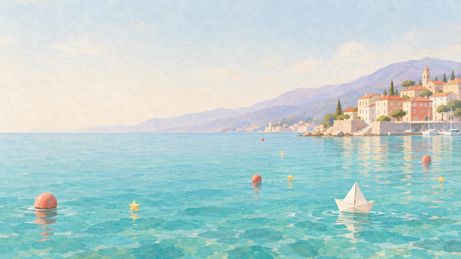 Actual game artwork generated in Clico, a paper boat with coral buoys and golden stars in a calm harbor
