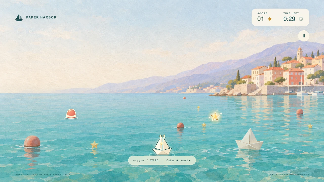 Actual Paper Harbor playable preview with the boat, score and steering controls