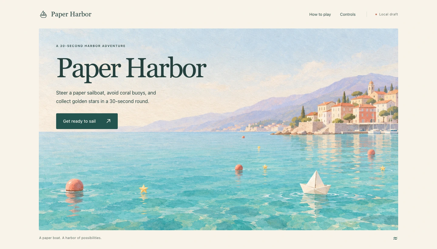 Paper Harbor launch page built in Clico using the same harbor artwork and explaining the game