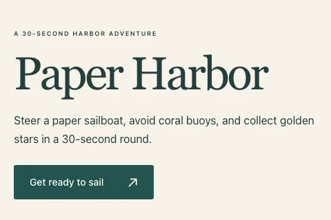 Actual Paper Harbor website button Get ready to sail, which links to Controls