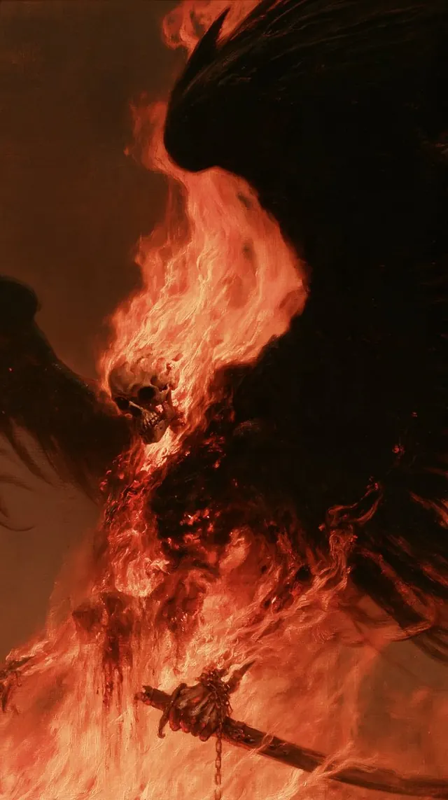 A burning winged warrior holding a sword. Visual study of flaming warrior, black wings, sword silhouette