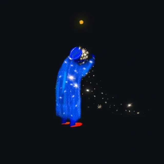 Small painterly figure filled with bright star shapes in an expansive nearly black blue field