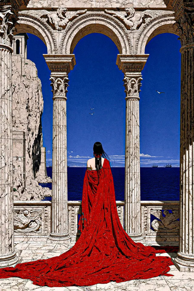 A woman with a long red train stands centered between ornate ivory arches overlooking a deep blue sea