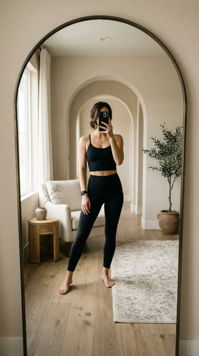 Woman in black taking a mirror selfie within repeating cream archways and quiet stone architecture