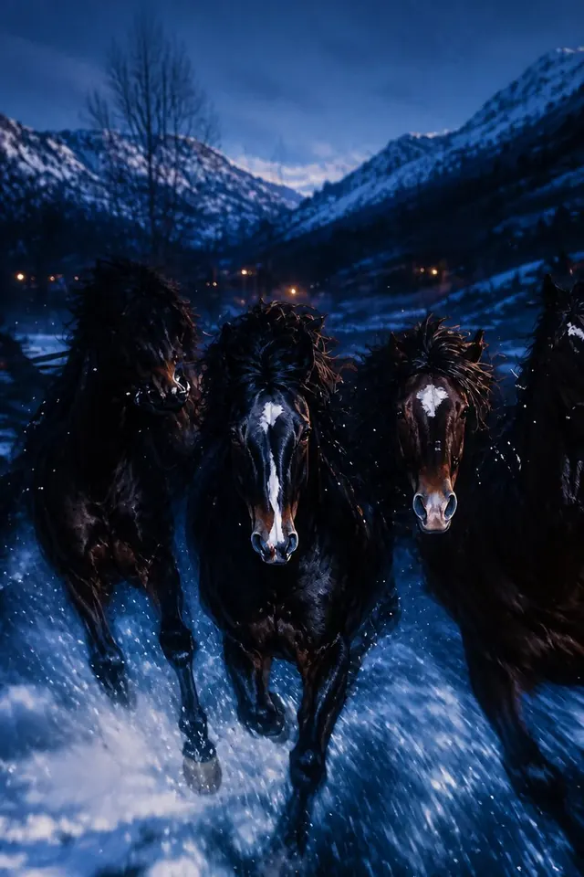 Alpine Horses at Blue Hour. Visual study of winter horse photography, blue hour