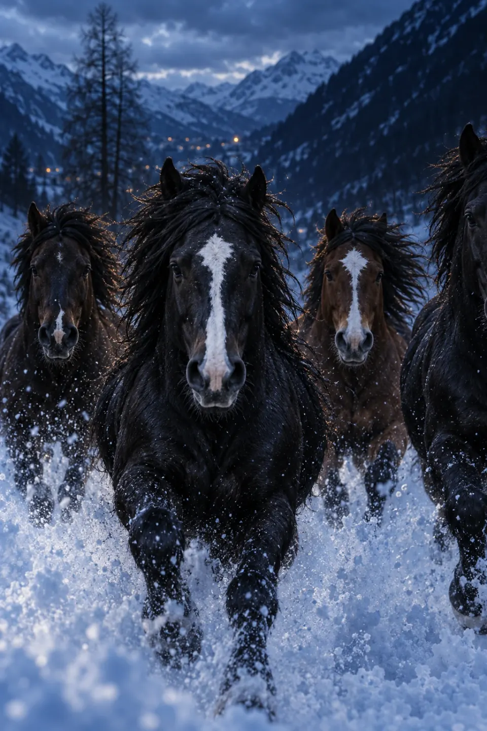 Caballos alpinos en la hora azul, recreación con IA 1