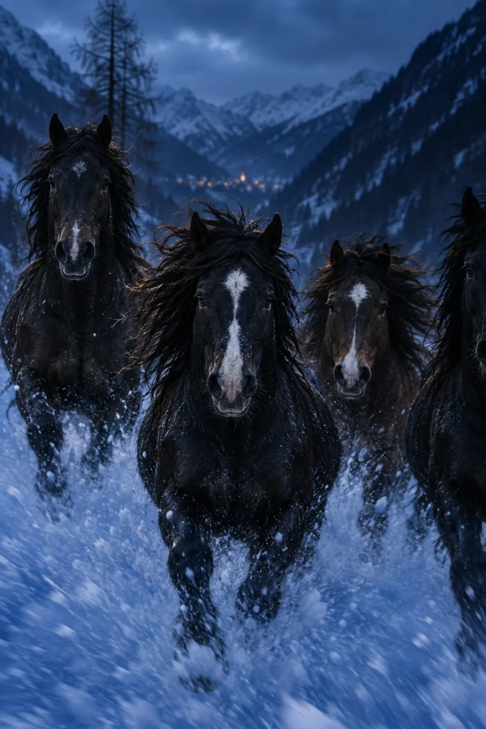 Caballos alpinos en la hora azul, recreación con IA 2