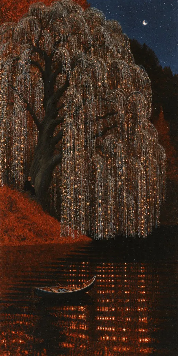 Amber willow above an orange reflected canoe. Visual study of weeping willow, orange foliage, illuminated lake
