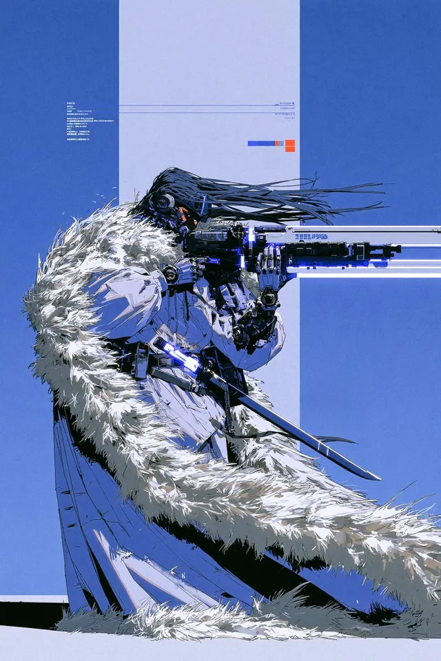 Arctic Railgun Sentinel. Visual study of mecha character, arctic cloak, cyberpunk illustration