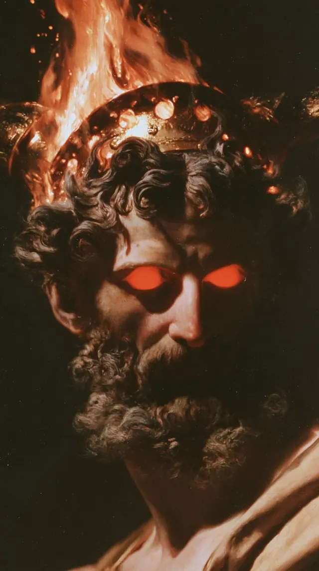 Bearded king beneath a flaming crown. Visual study of flaming crown, bearded portrait, dark mythology