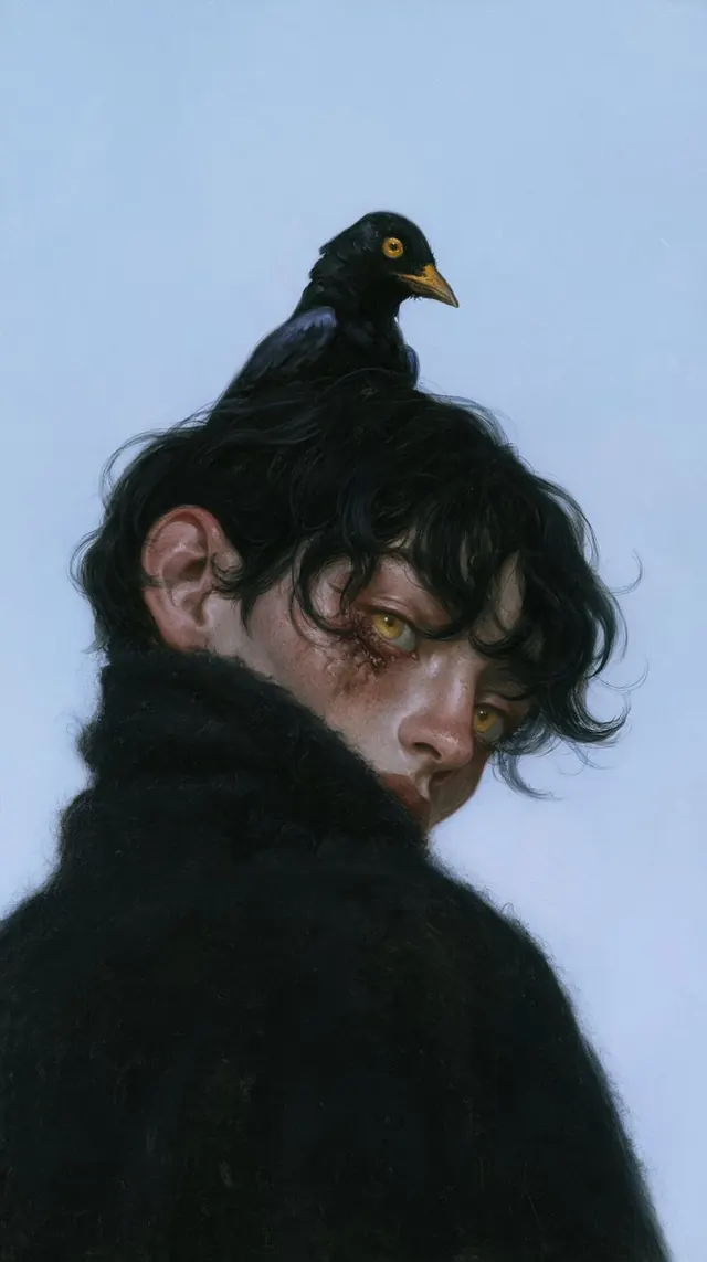 Black bird perched on dark curls. Visual study of black bird portrait, pale blue background, surreal fashion