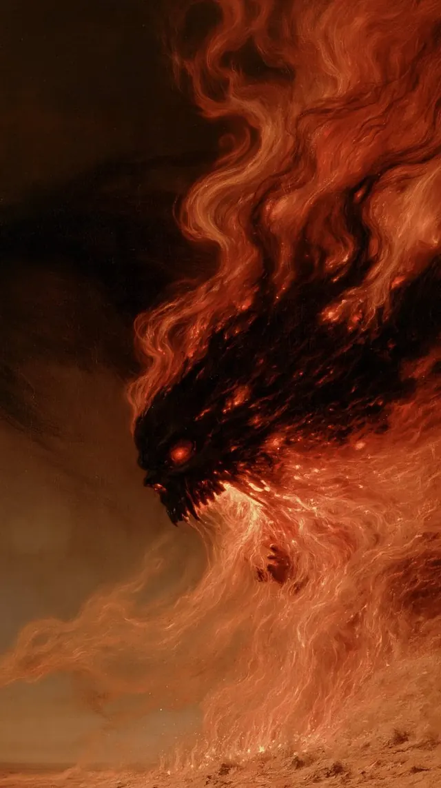 Black dragon head in curling fire. Visual study of dragon portrait, fire plume, black scales