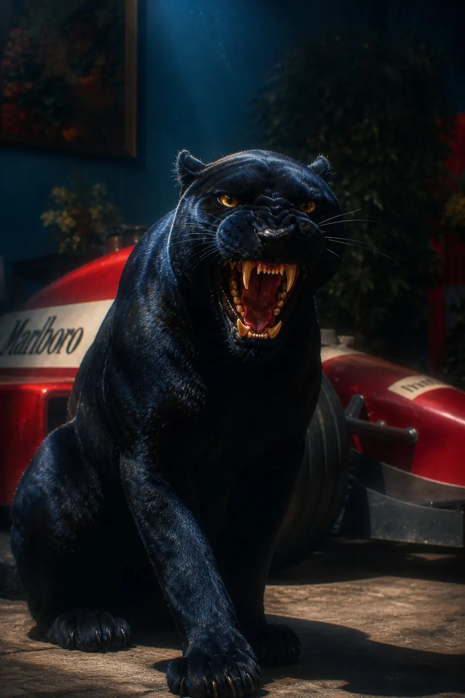 Vollständig sichtbarer sitzender Panther, dunkler Raum über ihm, Fangzähne, kühl getöntes Fell und teilweise verdecktes rotes Auto.