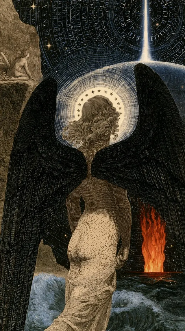 Black wings beneath a celestial portal. Visual study of surreal collage, black wings, celestial portal
