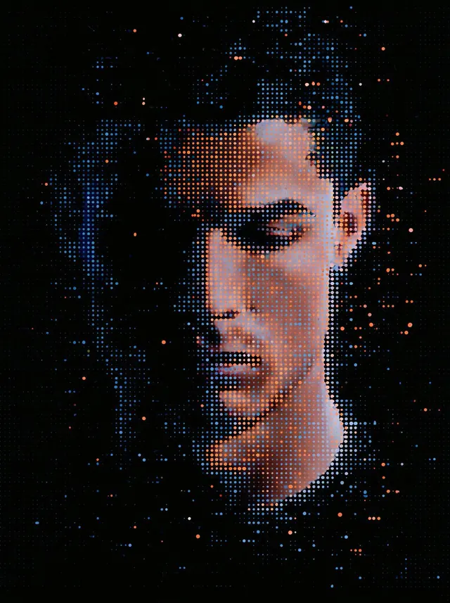 Blue and Coral Dot Portrait. Visual study of halftone portrait, dot matrix, split lighting