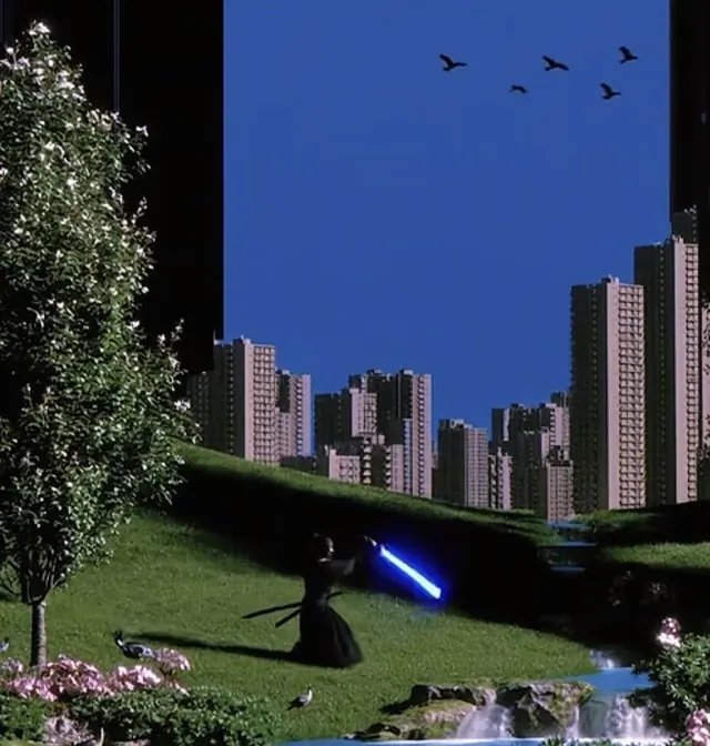 Small black robed swordsman with a glowing blue blade on a vivid green slope in a surreal garden