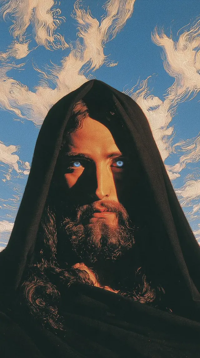 Blue eyed figure in a black hood. Visual study of hooded portrait, blue eyes, fantasy print