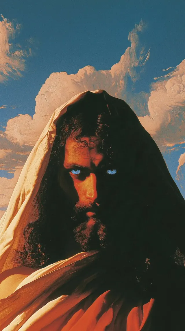 Blue eyes inside a warm white hood. Visual study of hooded portrait, blue eyes, orange shadow
