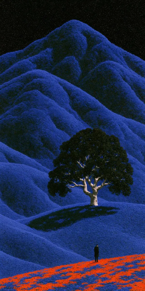 Blue mountain with an ivory tree. Visual study of blue mountain, surreal tree, tiny figure
