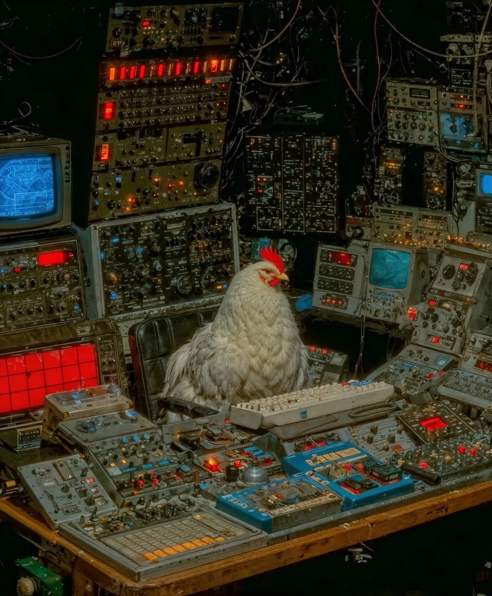 Huhn in einer historischen Schaltzentrale. Visuelle Studie eines surrealen Huhns, historischer Elektronik und eines Kontrollraums.