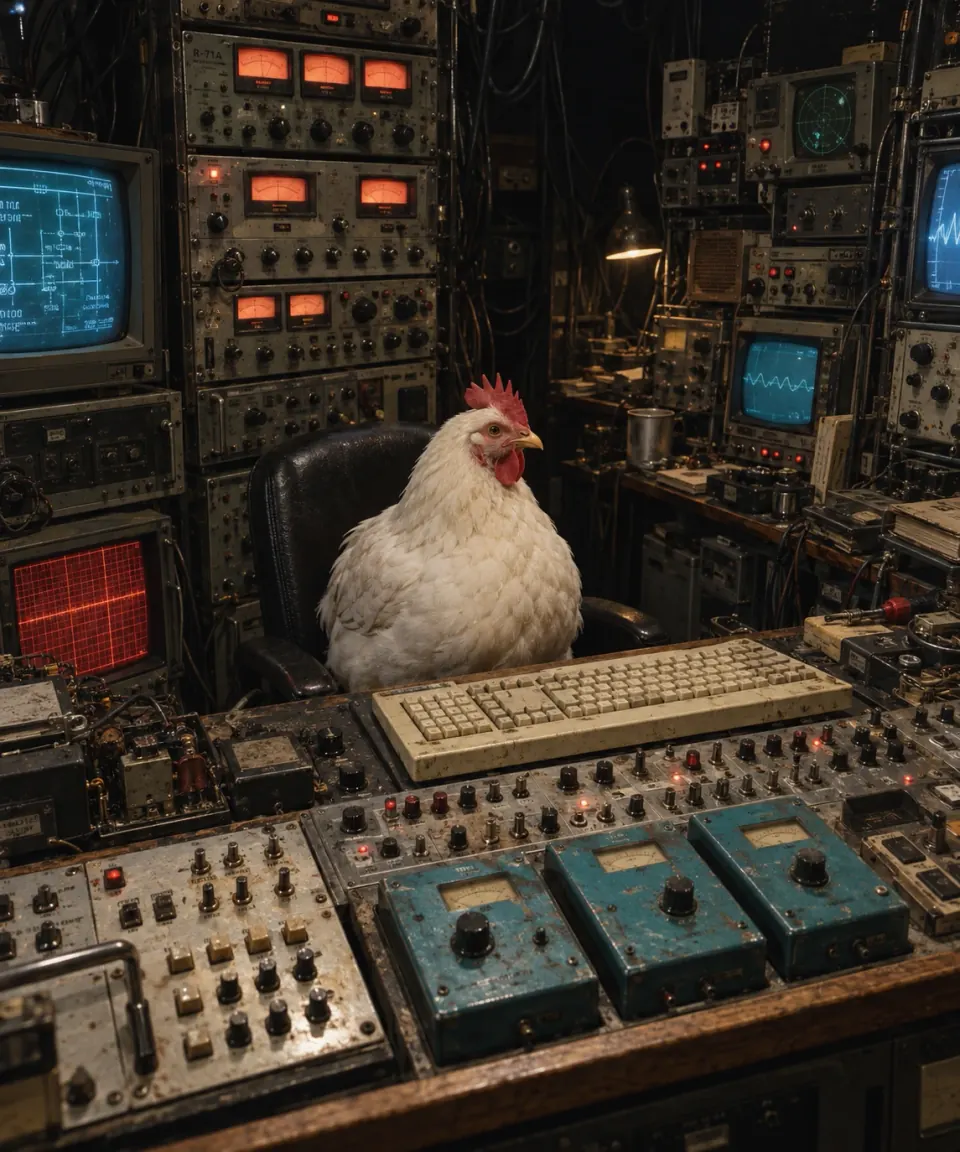 Huhn in einem alten Kontrollraum, KI Nachbildung 1