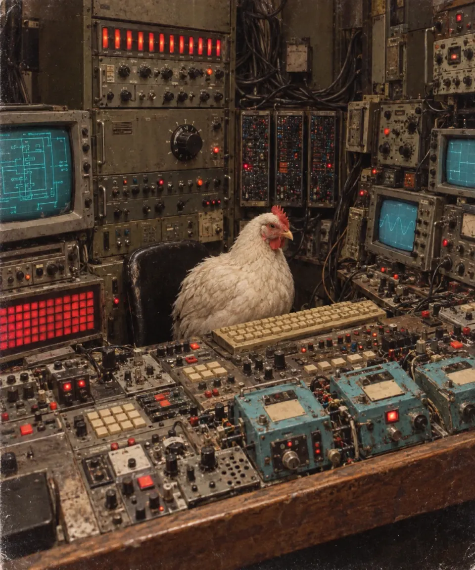 Huhn in einem alten Kontrollraum, KI Nachbildung 2