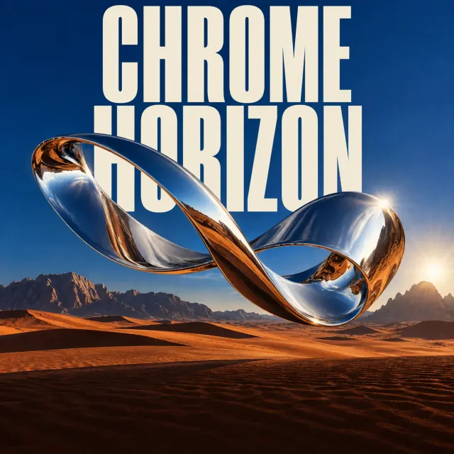 A chrome ribbon sculpture floats above orange desert sand beneath large ivory CHROME HORIZON lettering and a cobalt sky