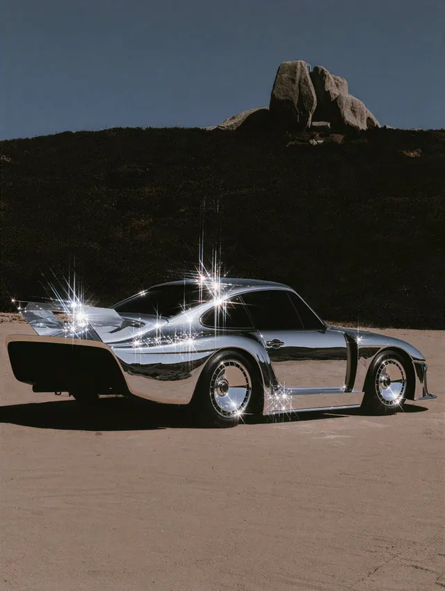 Chrome Longtail Racing Coupe. Visual study of chrome racing car, optical star filter