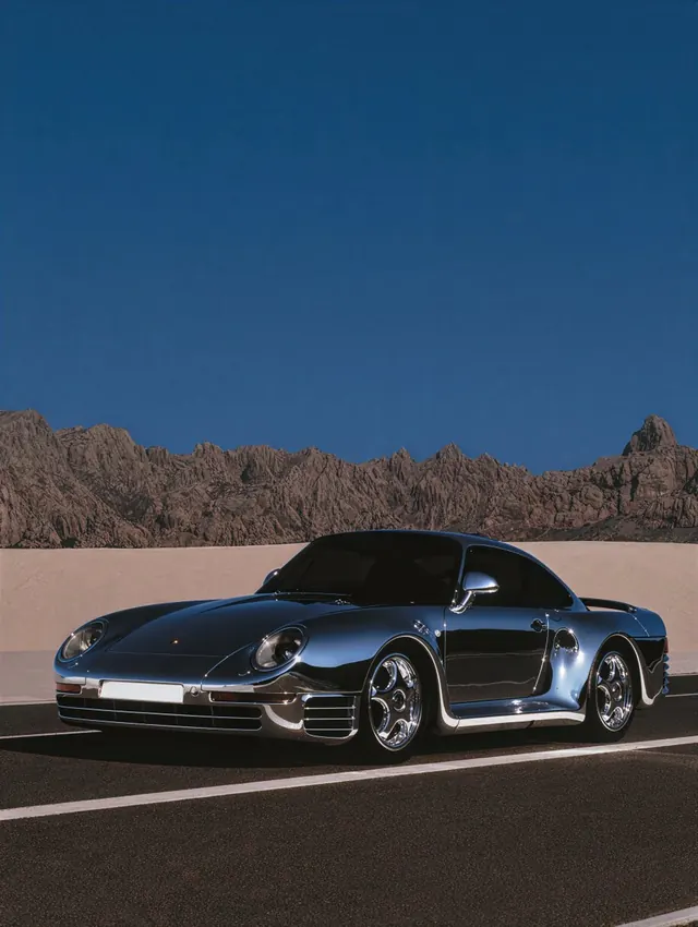 Chrome Porsche on a Desert Highway. Visual study of Porsche959, desert highway, automotive photography