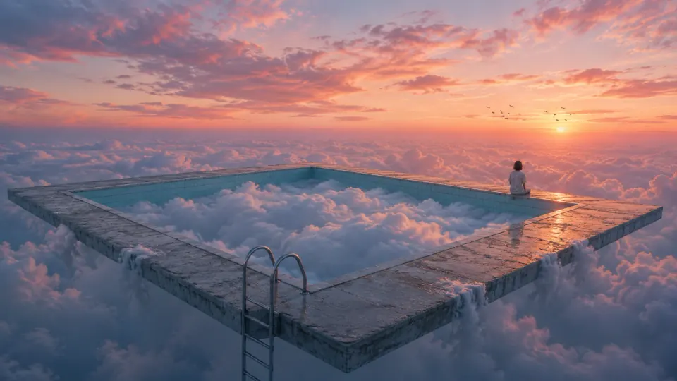 Rectangular swimming pool suspended above a sea of clouds at sunset