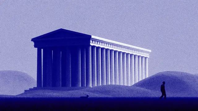 A dark frontal Greek portico and bright receding colonnade in dense cobalt stipple, with a small figure at lower right