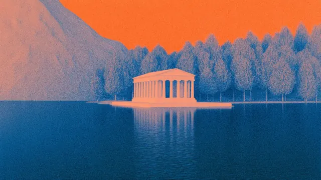 Pale classical pavilion on a still blue lake surrounded by coral pink mountains