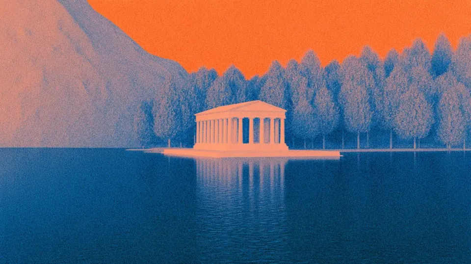 Pale classical pavilion on a still blue lake surrounded by coral pink mountains