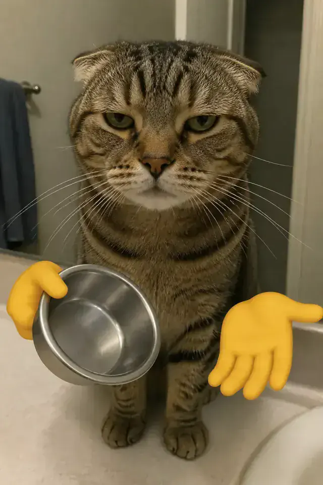 Stern brown Scottish Fold cat standing upright on a beige bathroom counter with an unimpressed expression