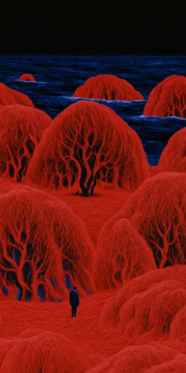 Dense red willow trees around cobalt water with a tiny blue clothed figure