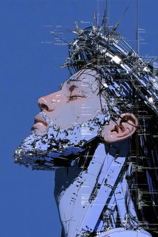 Cybernetic Profile in Blue. Visual study of cybernetic portrait, glitch illustration, chrome android