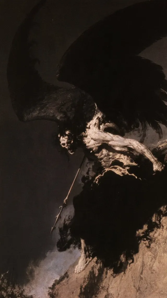 Dark winged figure diving through a cliff. Visual study of falling angel, cliff silhouette, dark wings